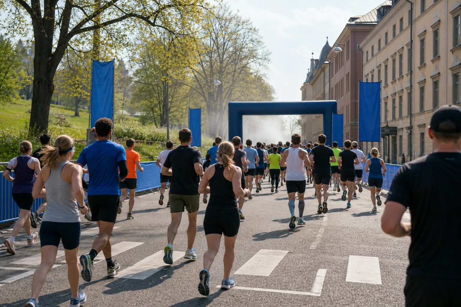 Löpare med startnummer på en avspärrad stadsgata