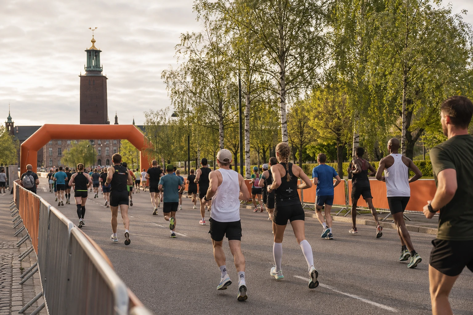 Löpare med startnummer på en avspärrad stadsgata