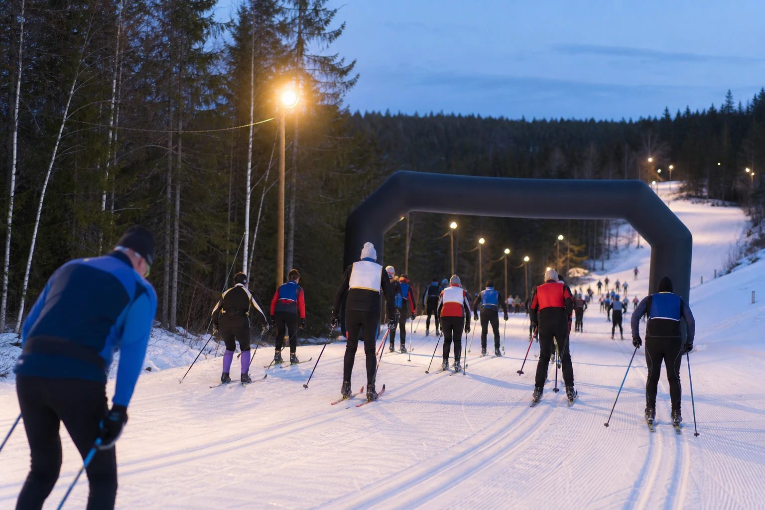 Längdskidåkare i klassiskt spår genom granskog