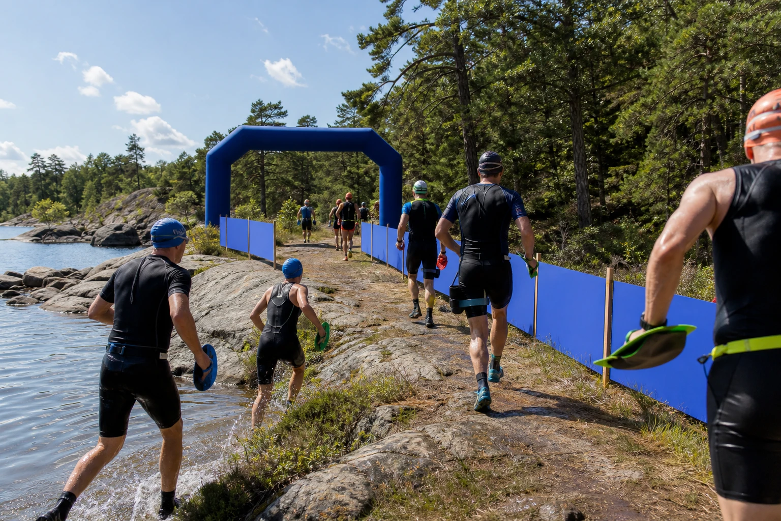 Deltagare i våtdräkt springer längs en klippstrand