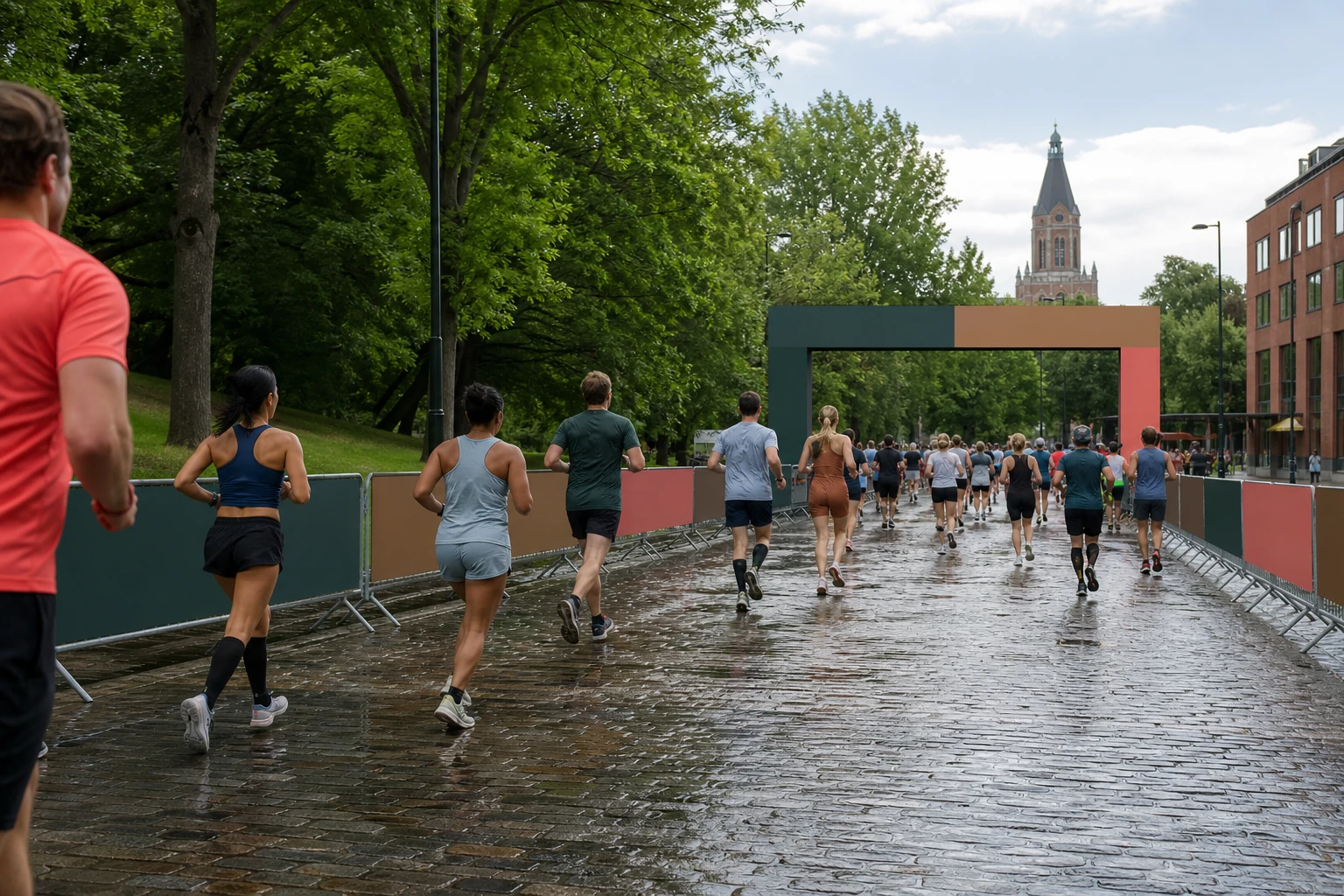 Löpare med startnummer på en avspärrad stadsgata