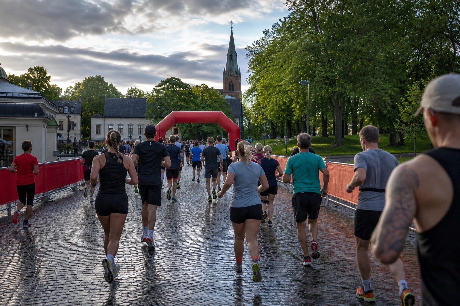 Löpare i klunga längs en gata med publik bakom staket