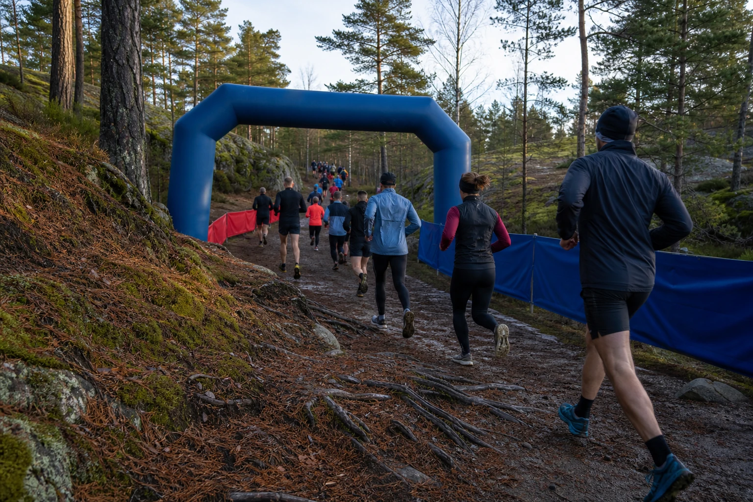Löpare uppför en stig i barrskog