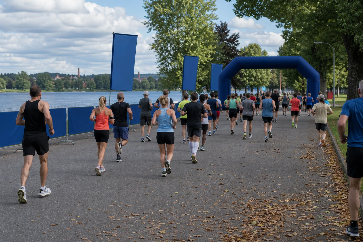 Startfält på väg genom en stadspark i höstljus