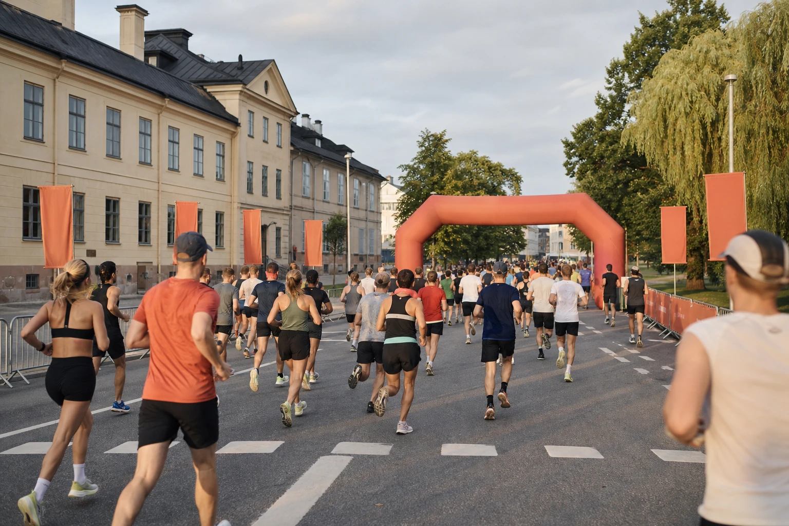 Löpare i klunga längs en gata med publik bakom staket