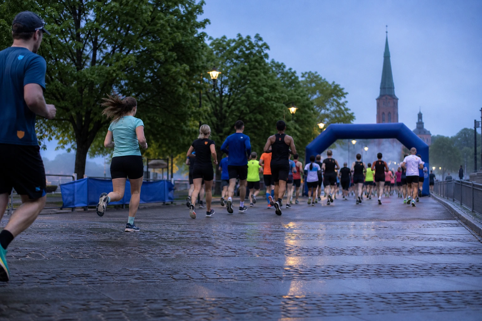 Löpare med startnummer på en avspärrad stadsgata