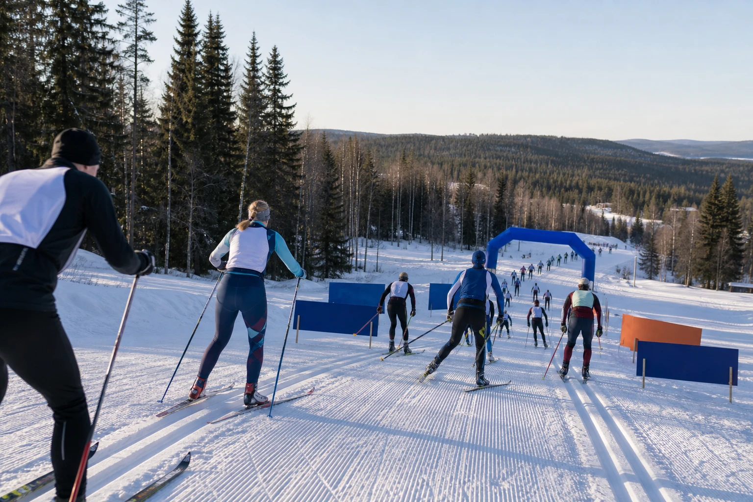 Långt led av längdskidåkare över ett snötäckt fält