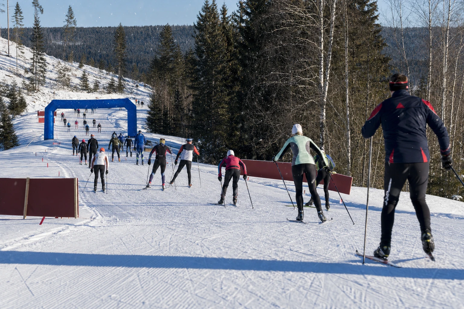 Långt led av längdskidåkare över ett snötäckt fält