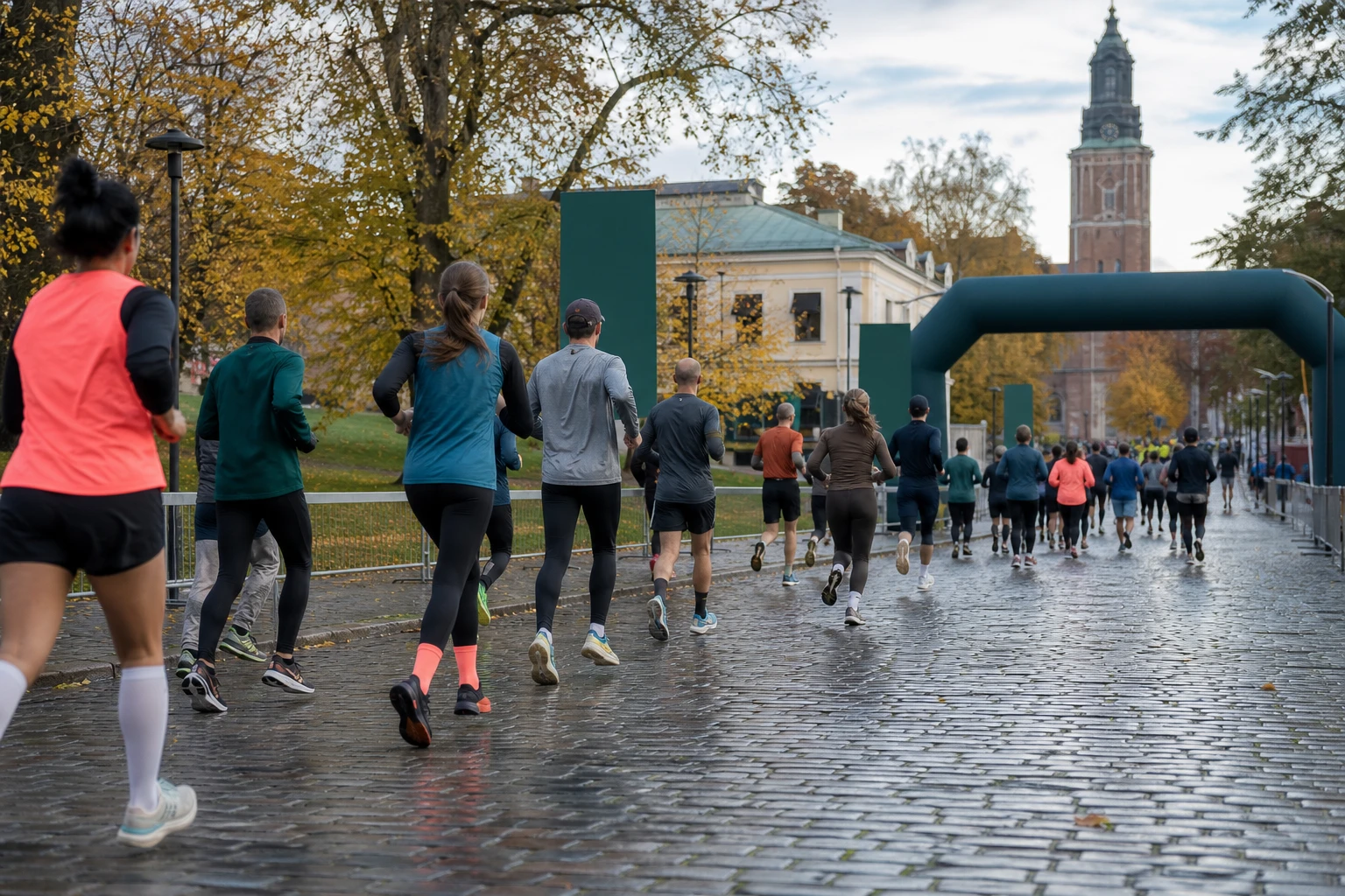 Löpare i klunga längs en gata med publik bakom staket