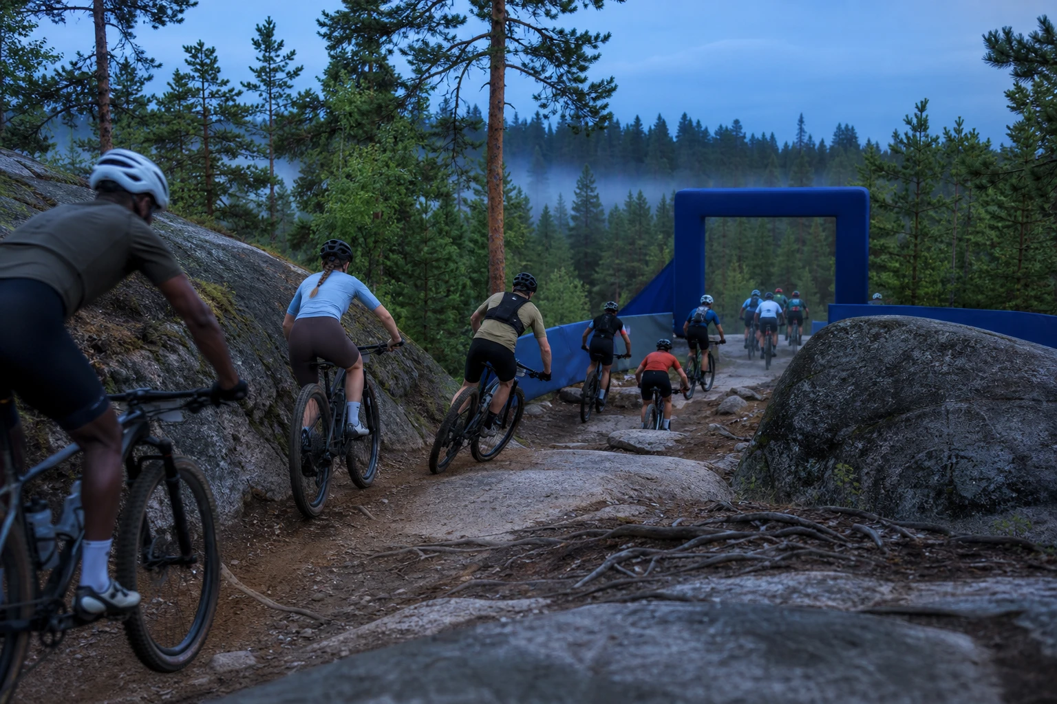 Mountainbikeåkare genom en solbelyst skogsglänta