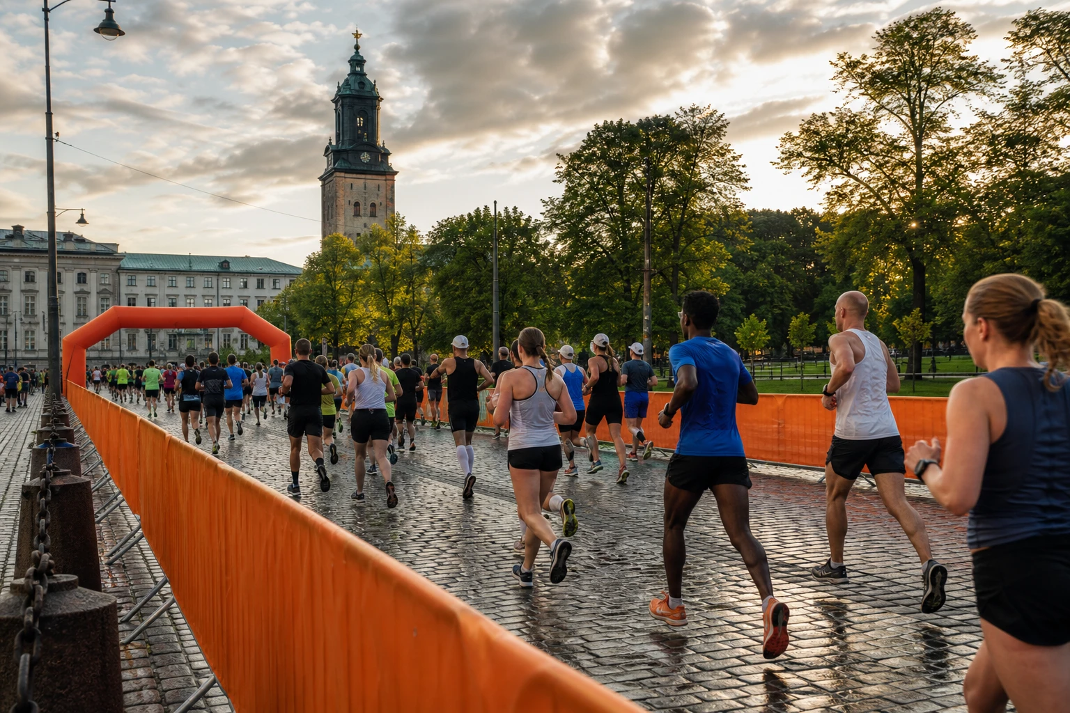 Tätt startfält av motionslöpare på asfalt