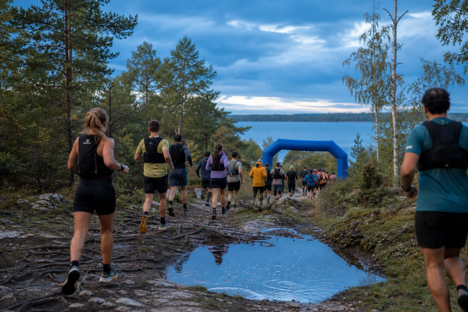 Terränglöpare i motljus mellan björkstammar