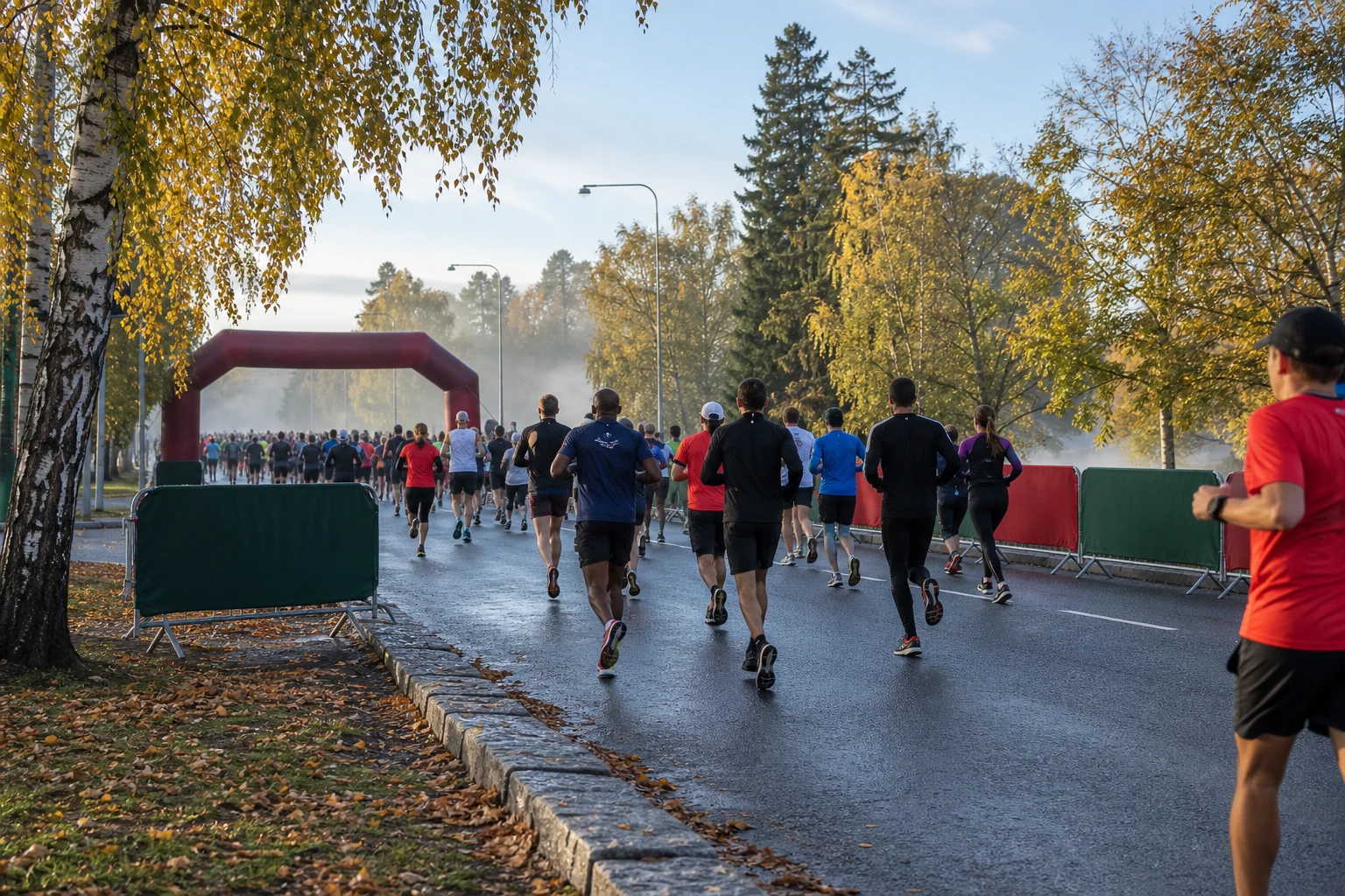 Tätt startfält av motionslöpare på asfalt