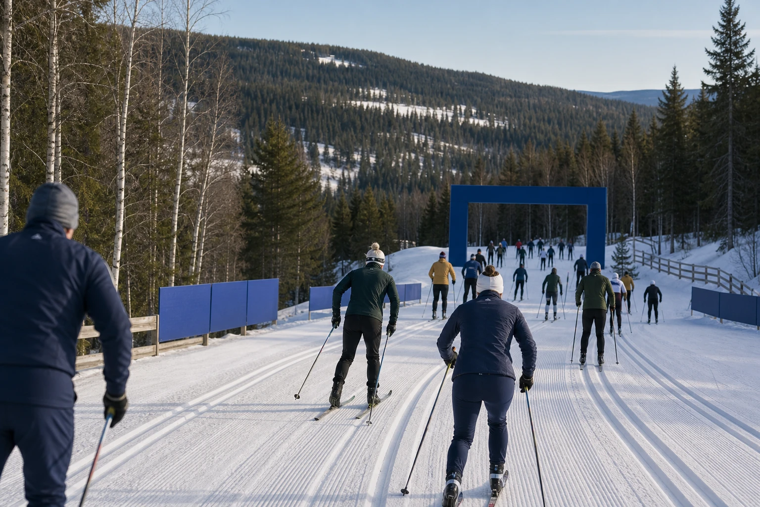 Längdspår genom snötyngd skog i gryningsljus