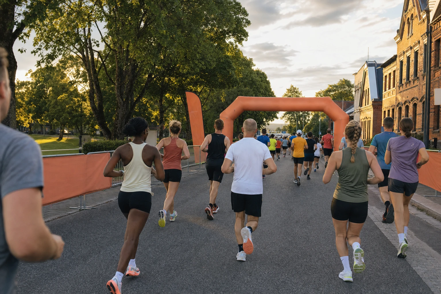 Startfält på väg genom en stadspark i höstljus