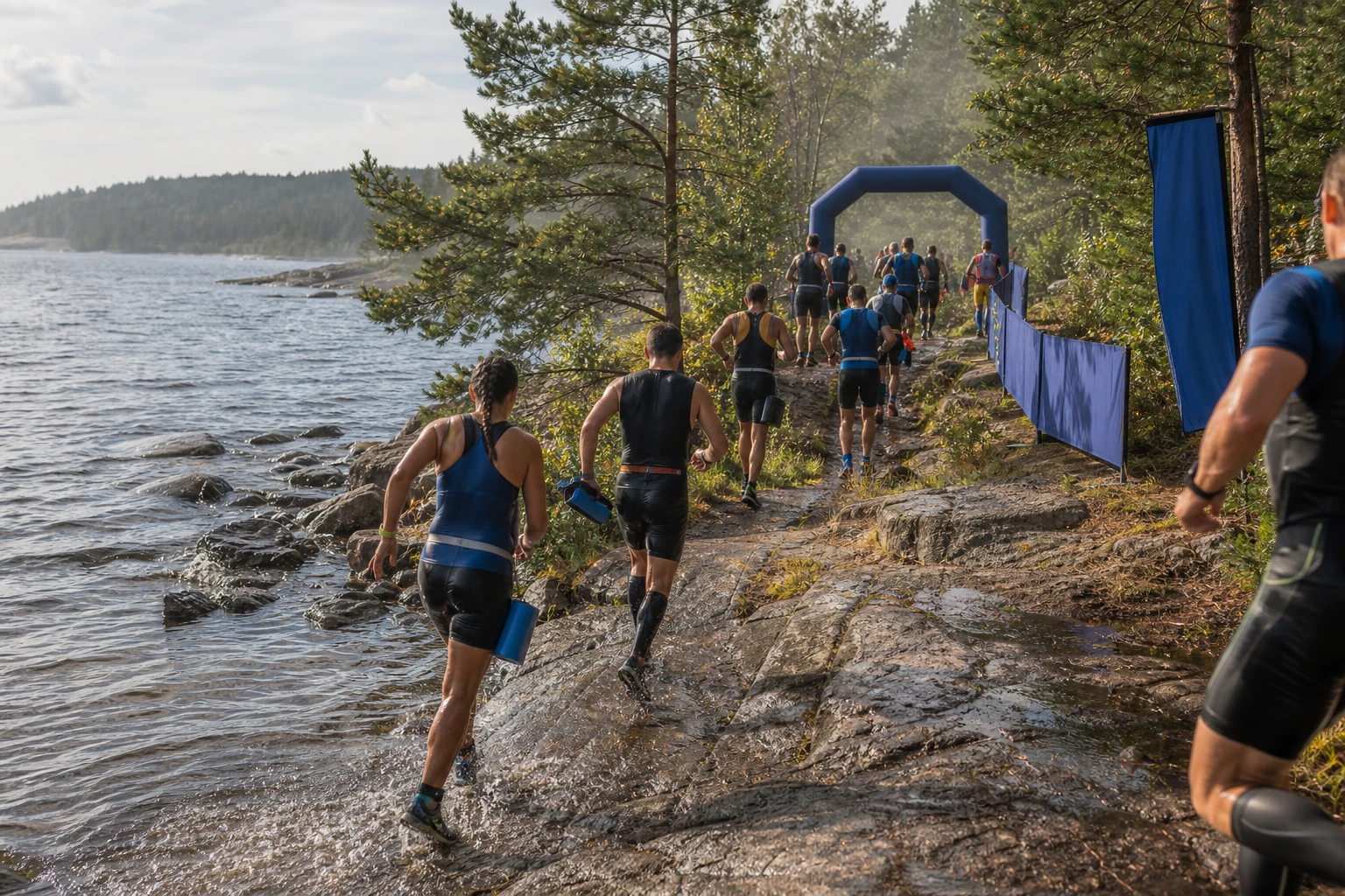 Deltagare i våtdräkt springer längs en klippstrand
