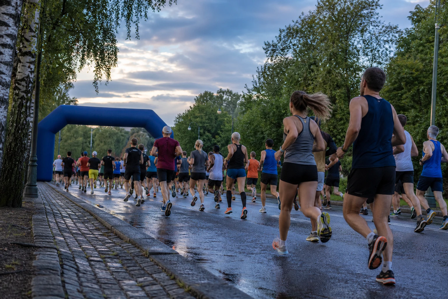 Löpare med startnummer på en avspärrad stadsgata