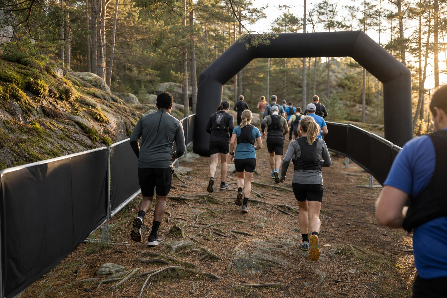 Terränglöpare i motljus mellan björkstammar