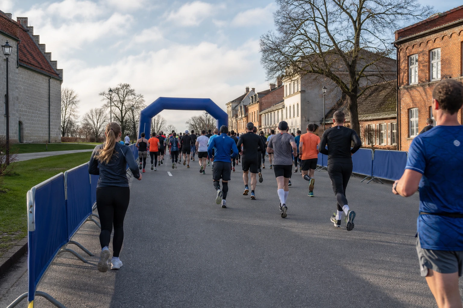 Startfält på väg genom en stadspark i höstljus