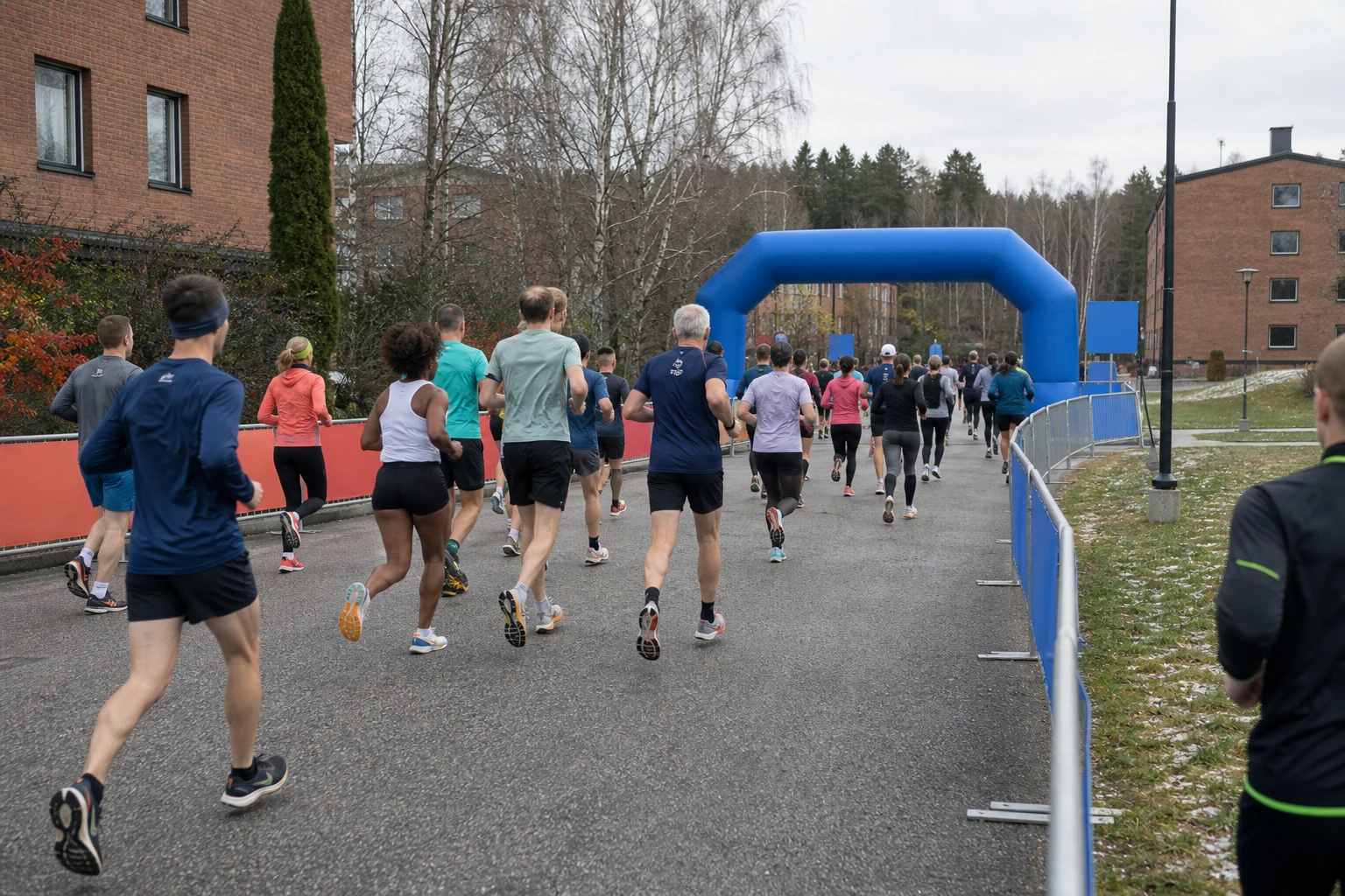 Löpare med startnummer på en avspärrad stadsgata