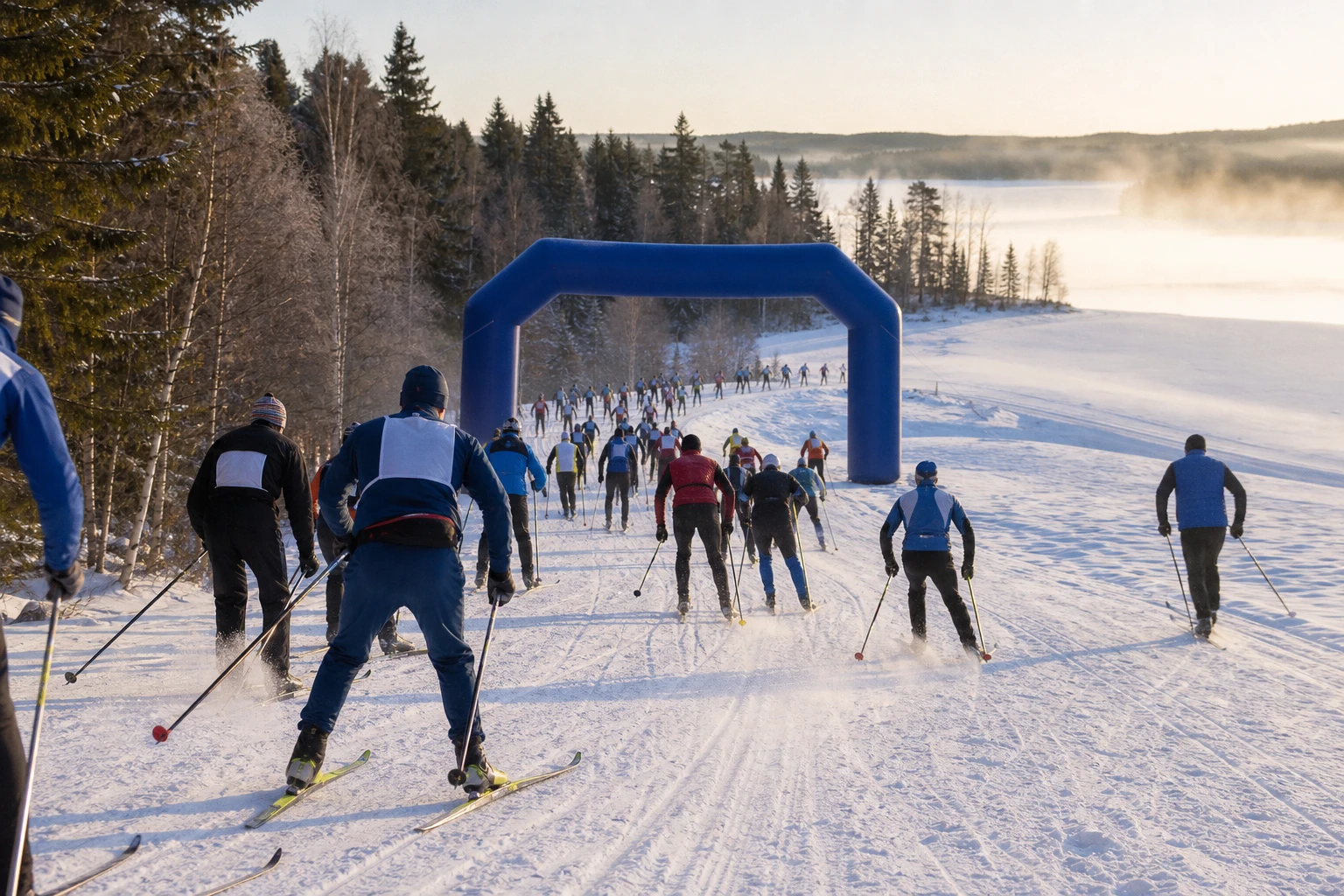 Skidåkare i diagonalåkning längs en spårad slinga