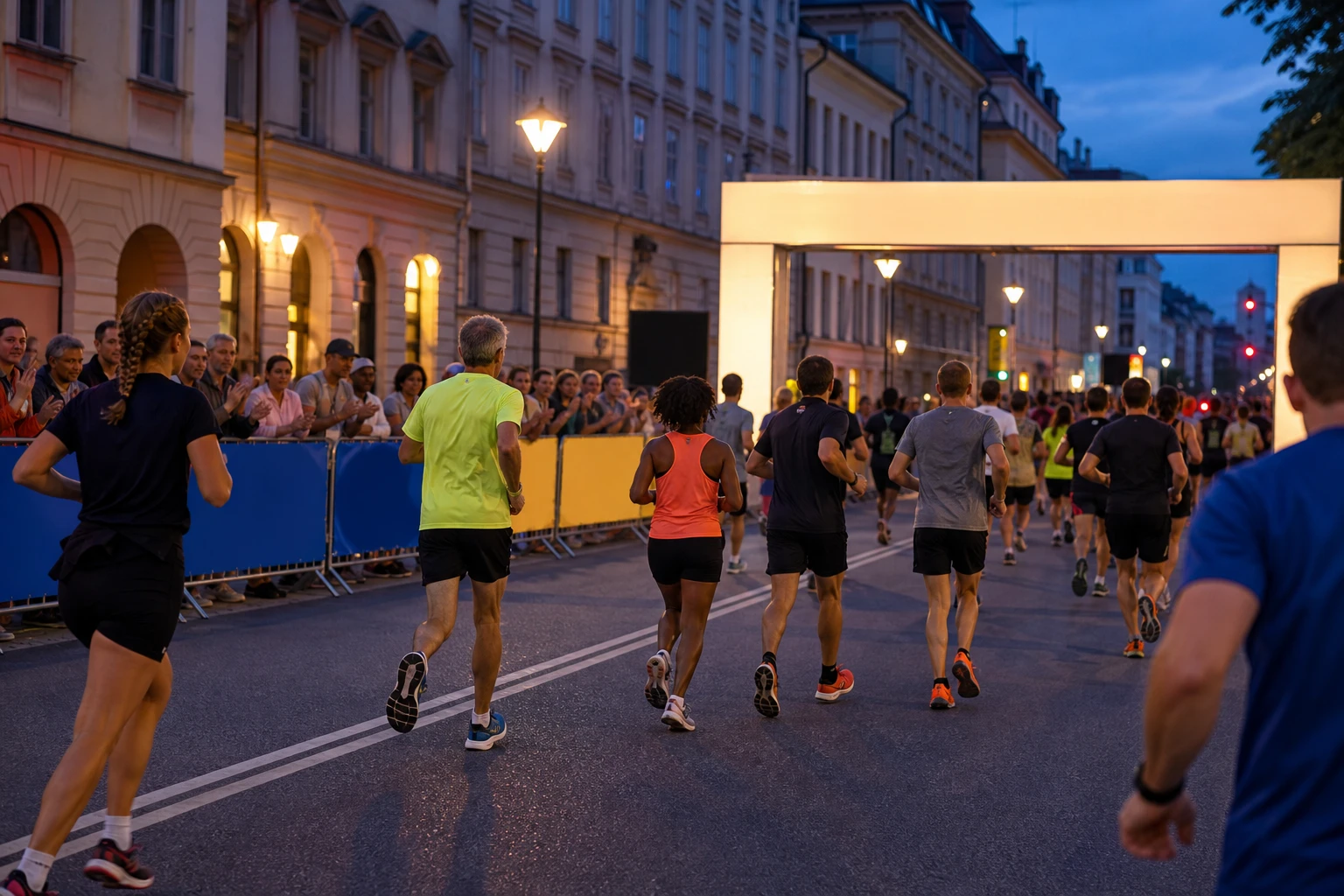 Löpare med startnummer på en avspärrad stadsgata