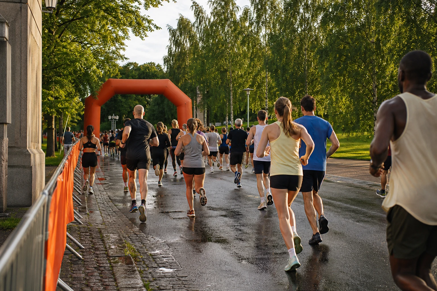 Löpare med startnummer på en avspärrad stadsgata