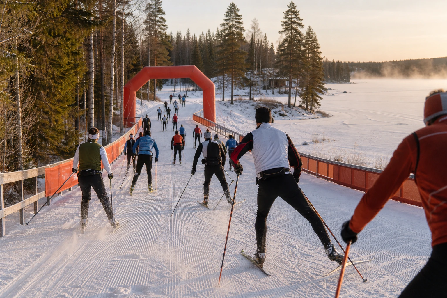Skidåkare i diagonalåkning längs en spårad slinga