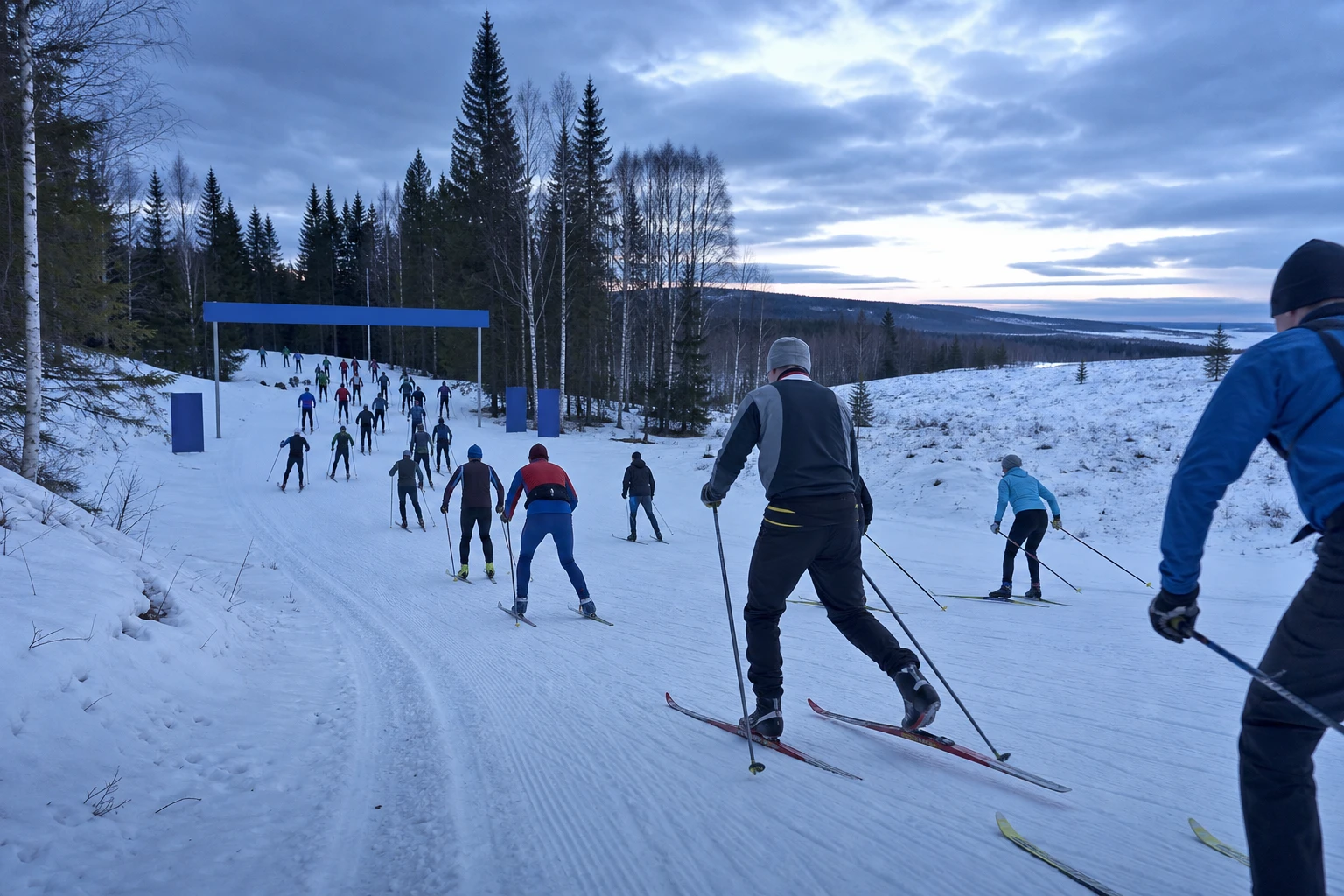 Långt led av längdskidåkare över ett snötäckt fält