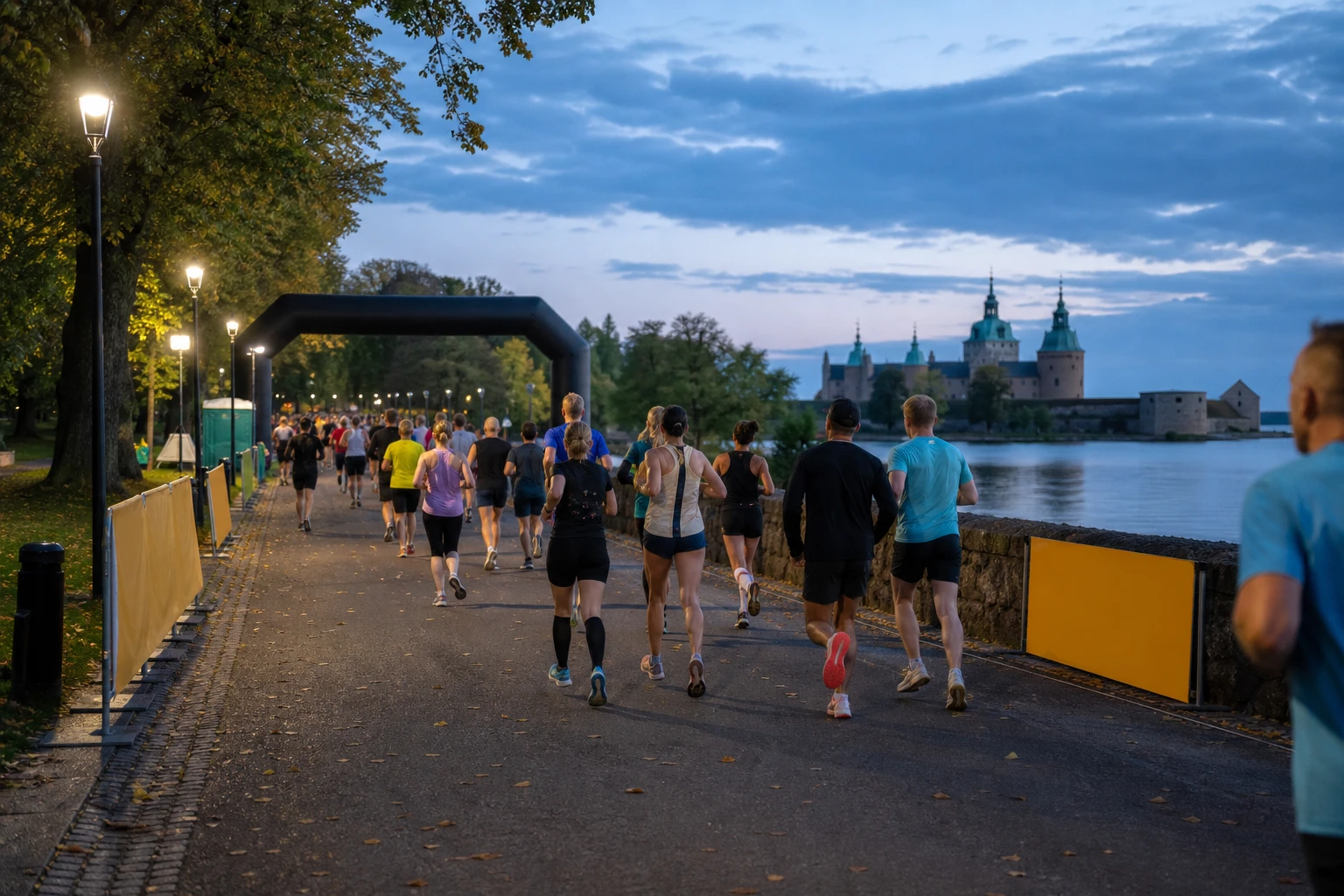 Tätt startfält av motionslöpare på asfalt