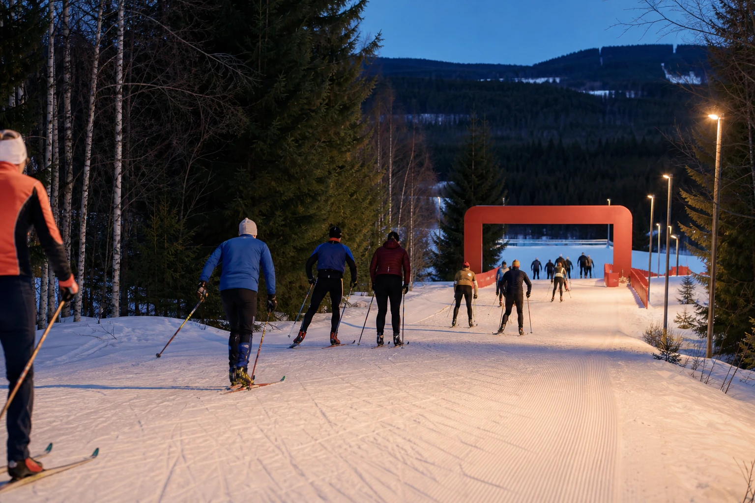 Långt led av längdskidåkare över ett snötäckt fält