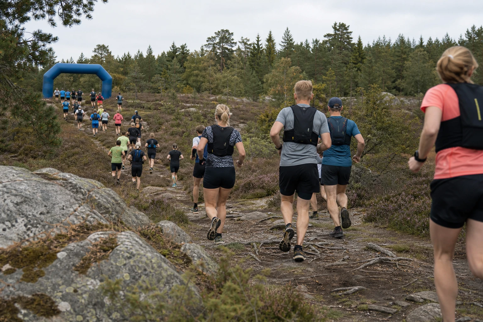 Löpare på en stig genom öppen hedmark