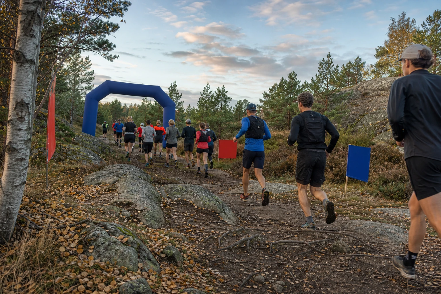 Terränglöpare på en smal skogsstig med rötter och löv