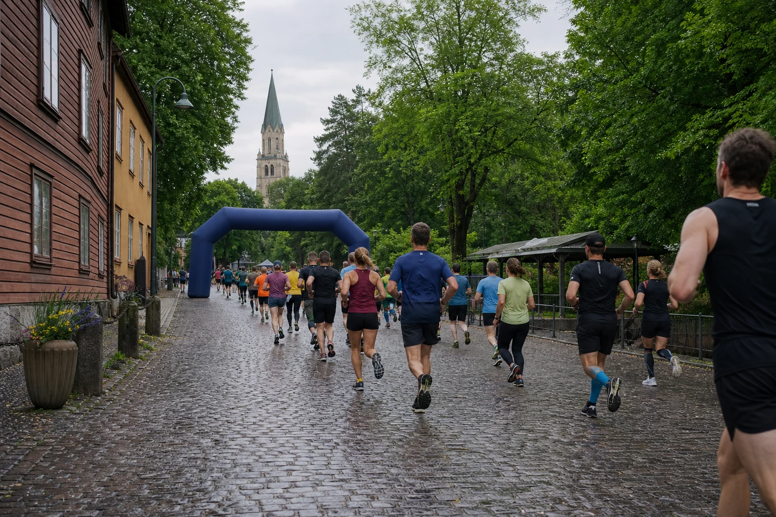 Tätt startfält av motionslöpare på asfalt