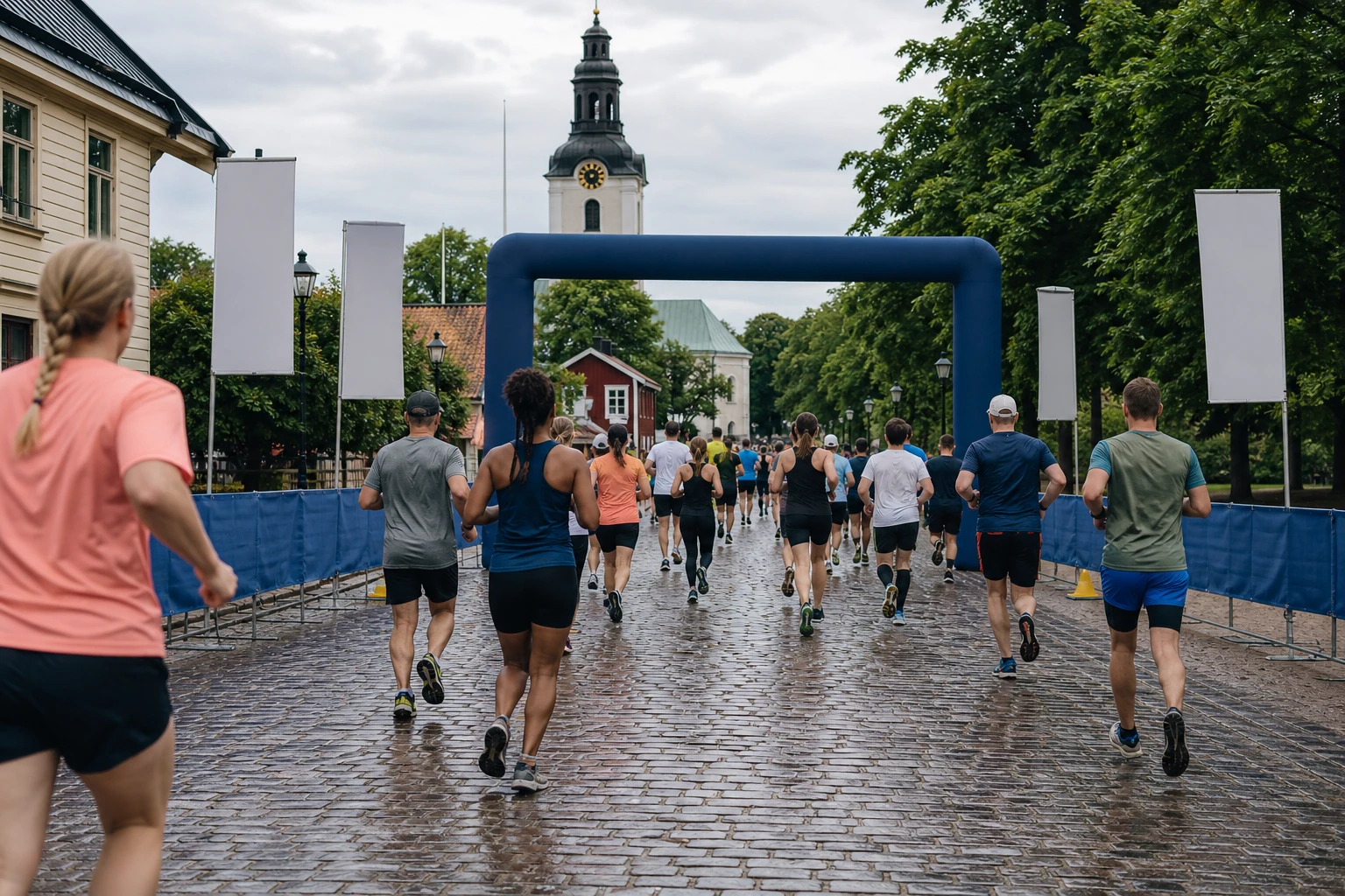 Löpare med startnummer på en avspärrad stadsgata