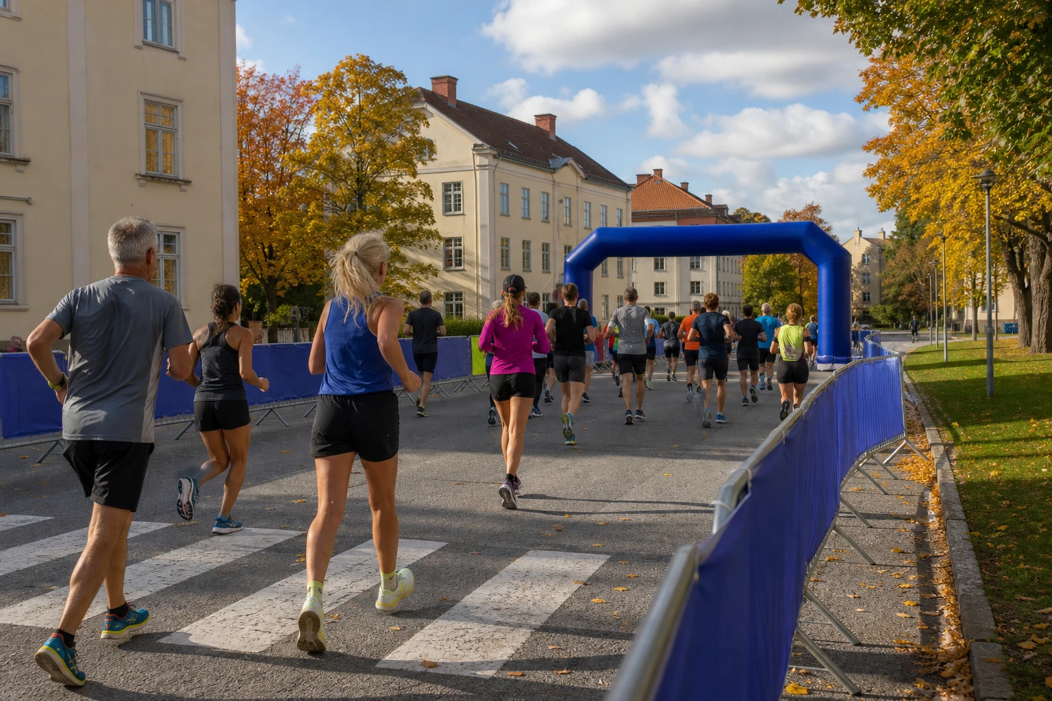 Löpare med startnummer på en avspärrad stadsgata