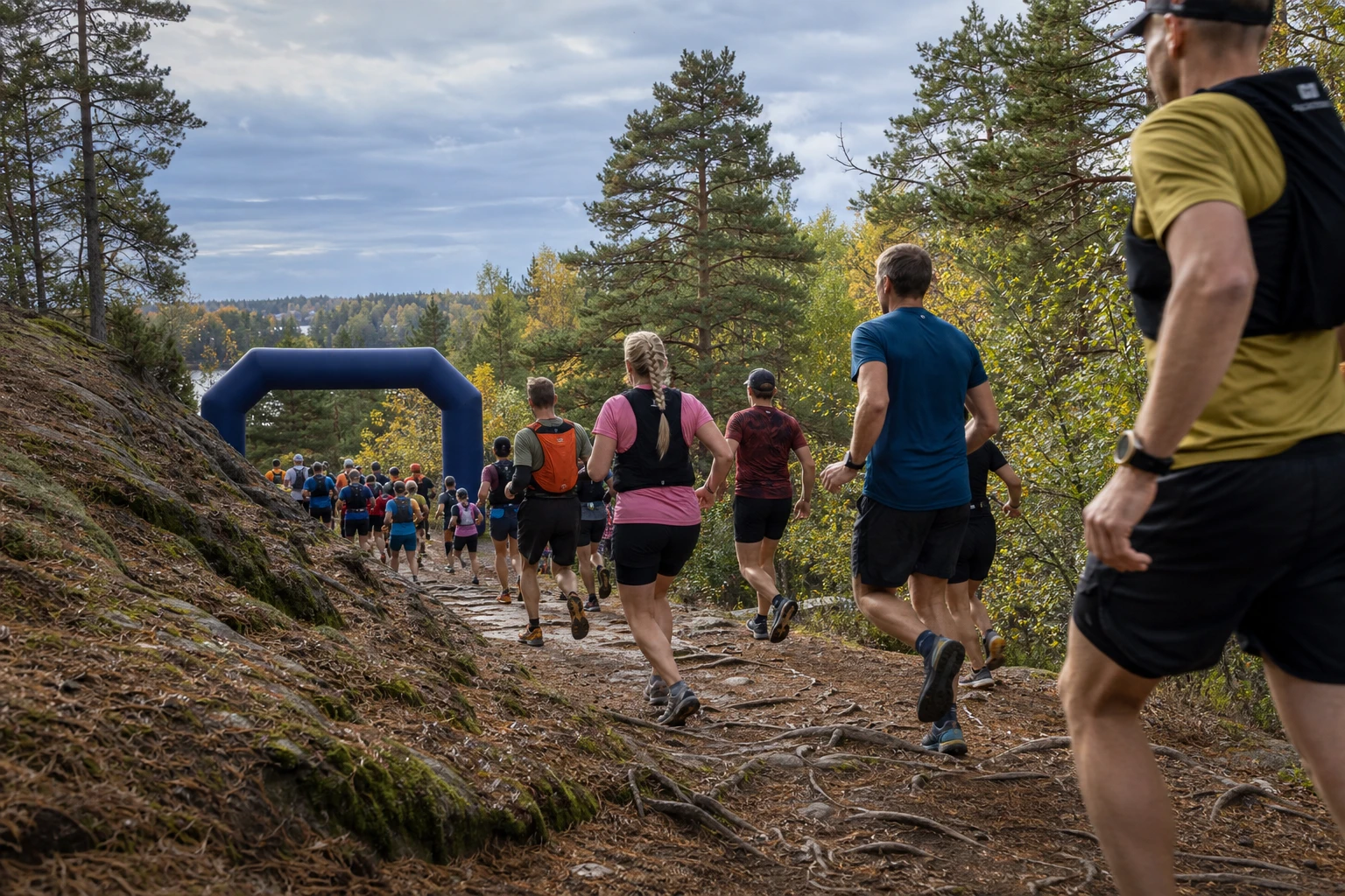 Terränglöpare i motljus mellan björkstammar