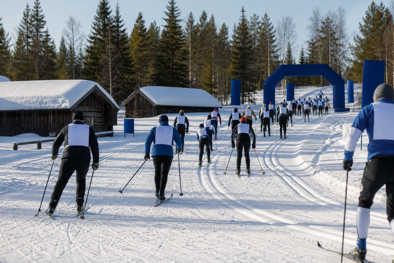 Långt led av längdskidåkare över ett snötäckt fält