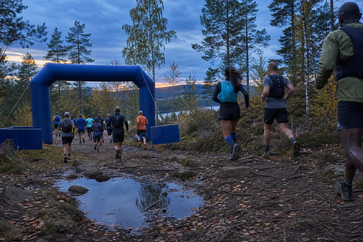 Löpare på en stig genom öppen hedmark