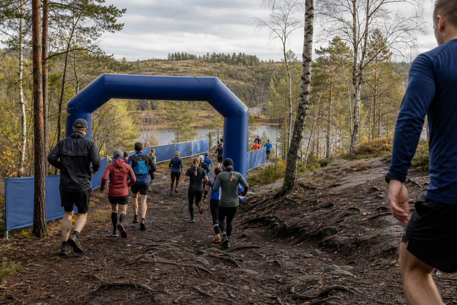 Löpare uppför en stig i barrskog