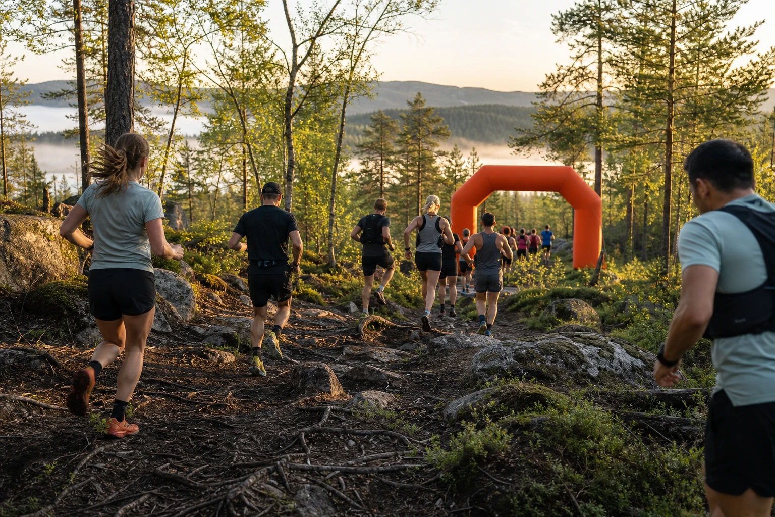 Löpare uppför en stig i barrskog