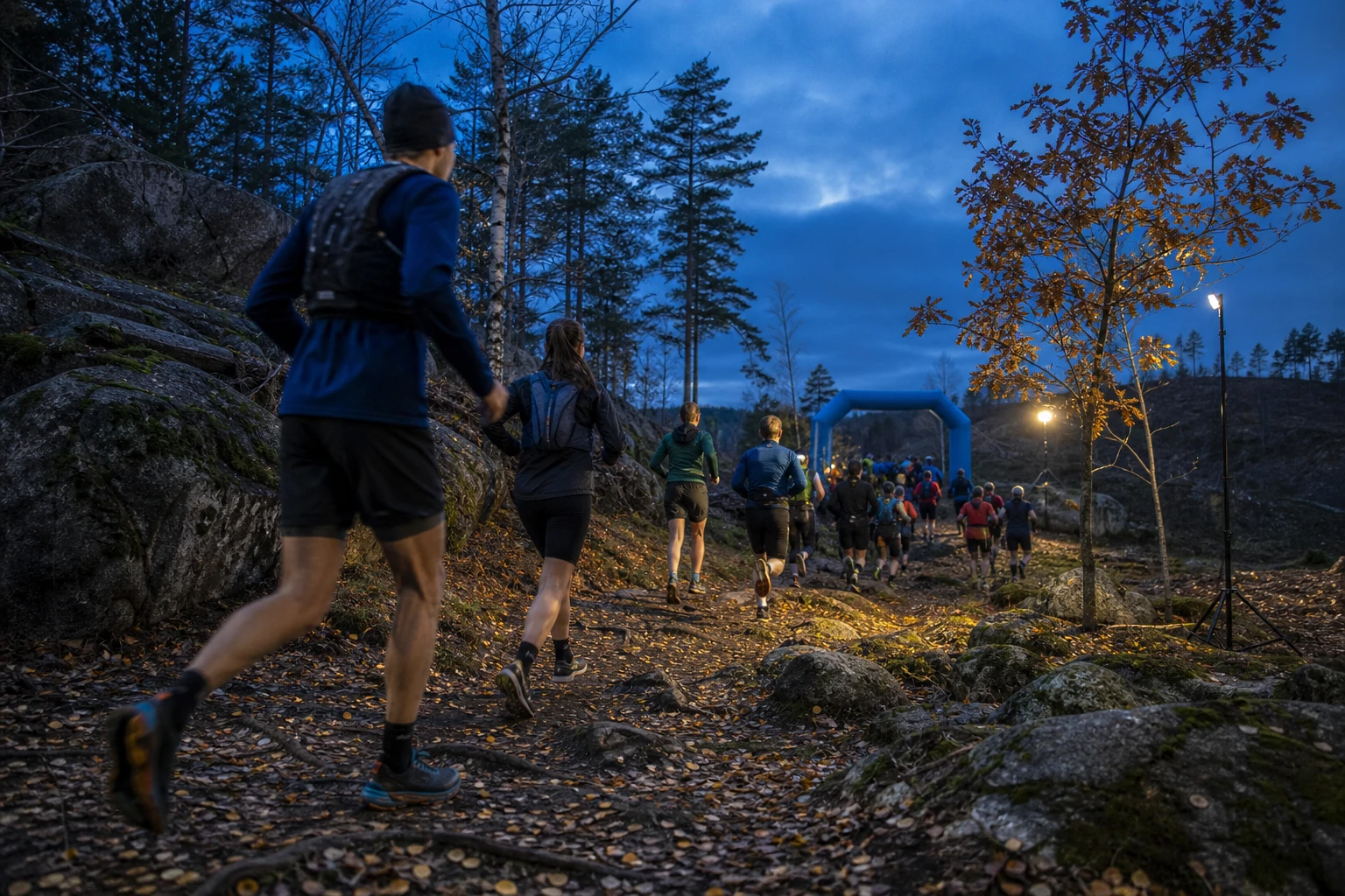 Terränglöpare på en smal skogsstig med rötter och löv
