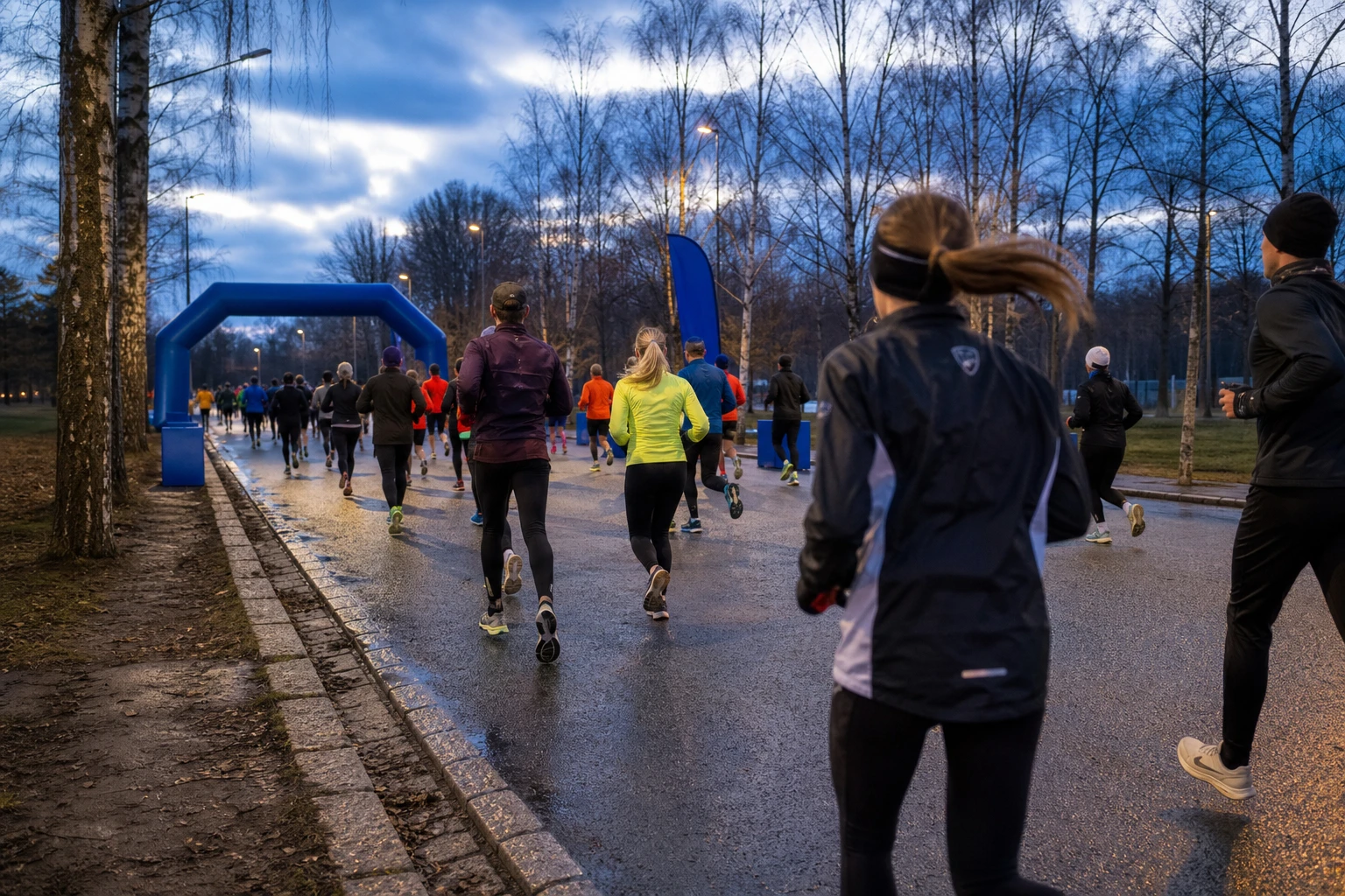 Löpare på väg mot en målportal av tyg