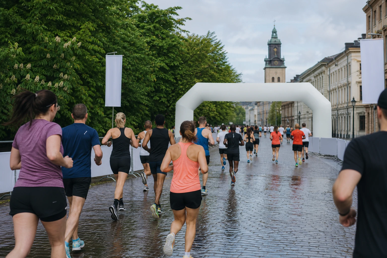 Startfält på väg genom en stadspark i höstljus