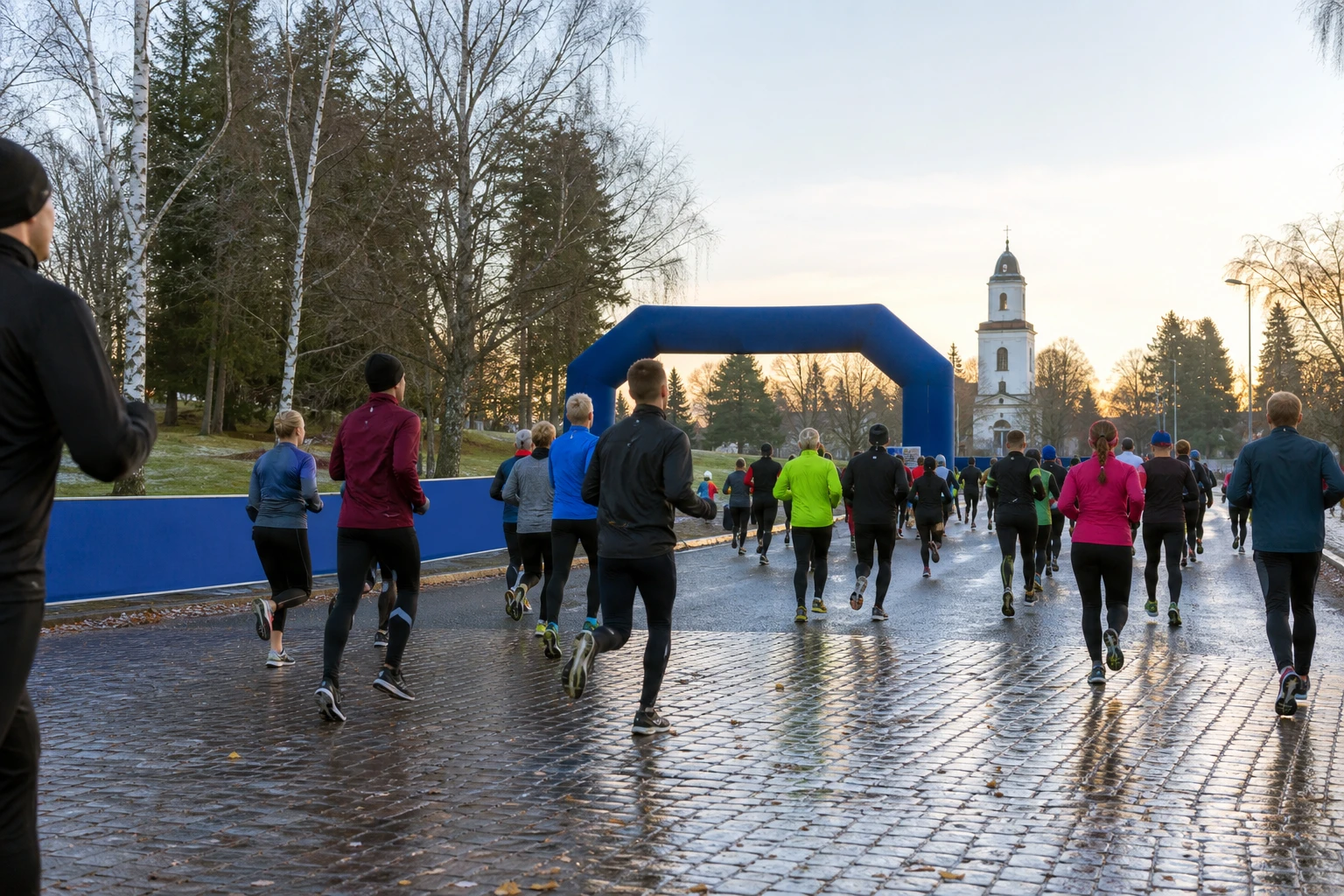 Tätt startfält av motionslöpare på asfalt