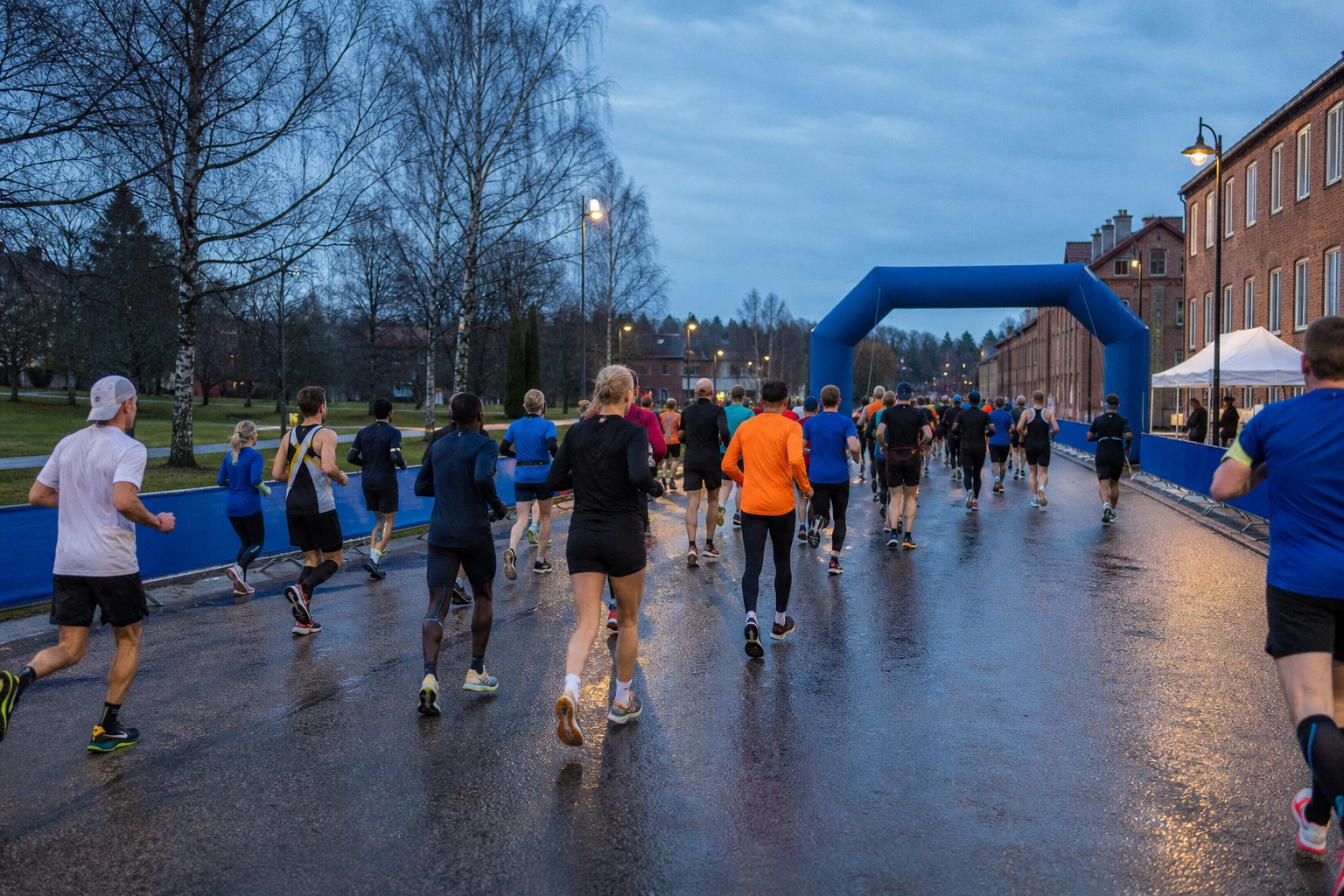 Tätt startfält av motionslöpare på asfalt