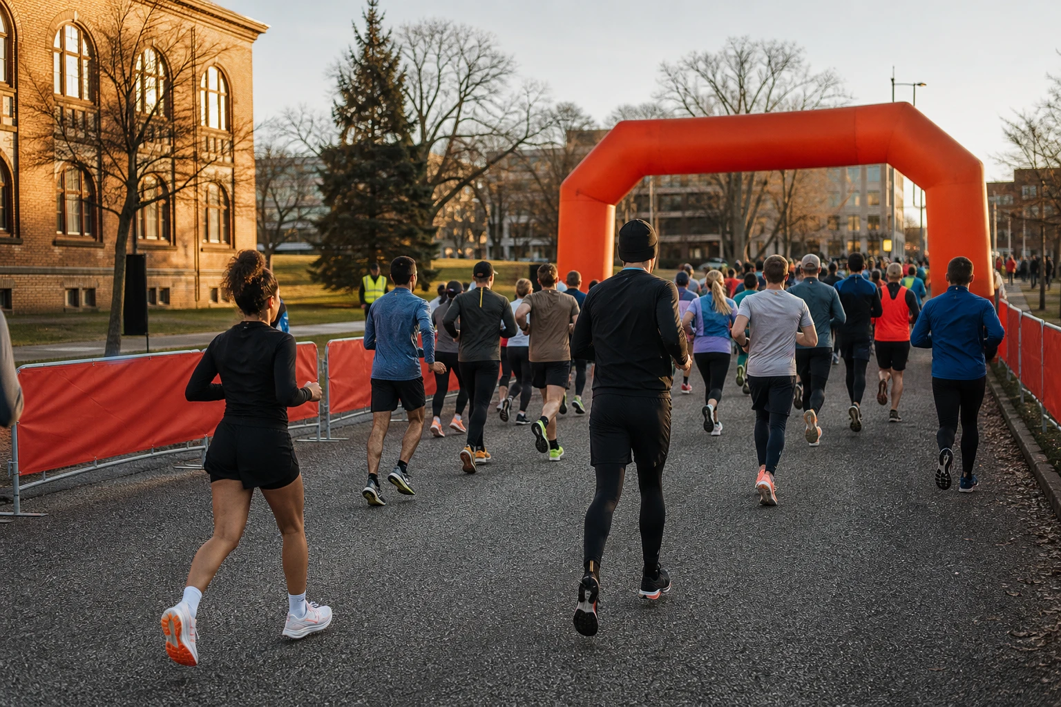 Startfält på väg genom en stadspark i höstljus