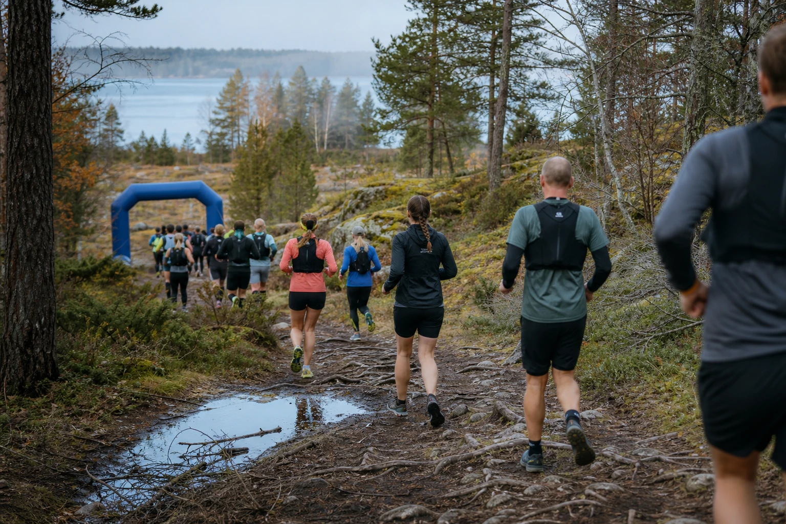 Löpare på en stig genom öppen hedmark