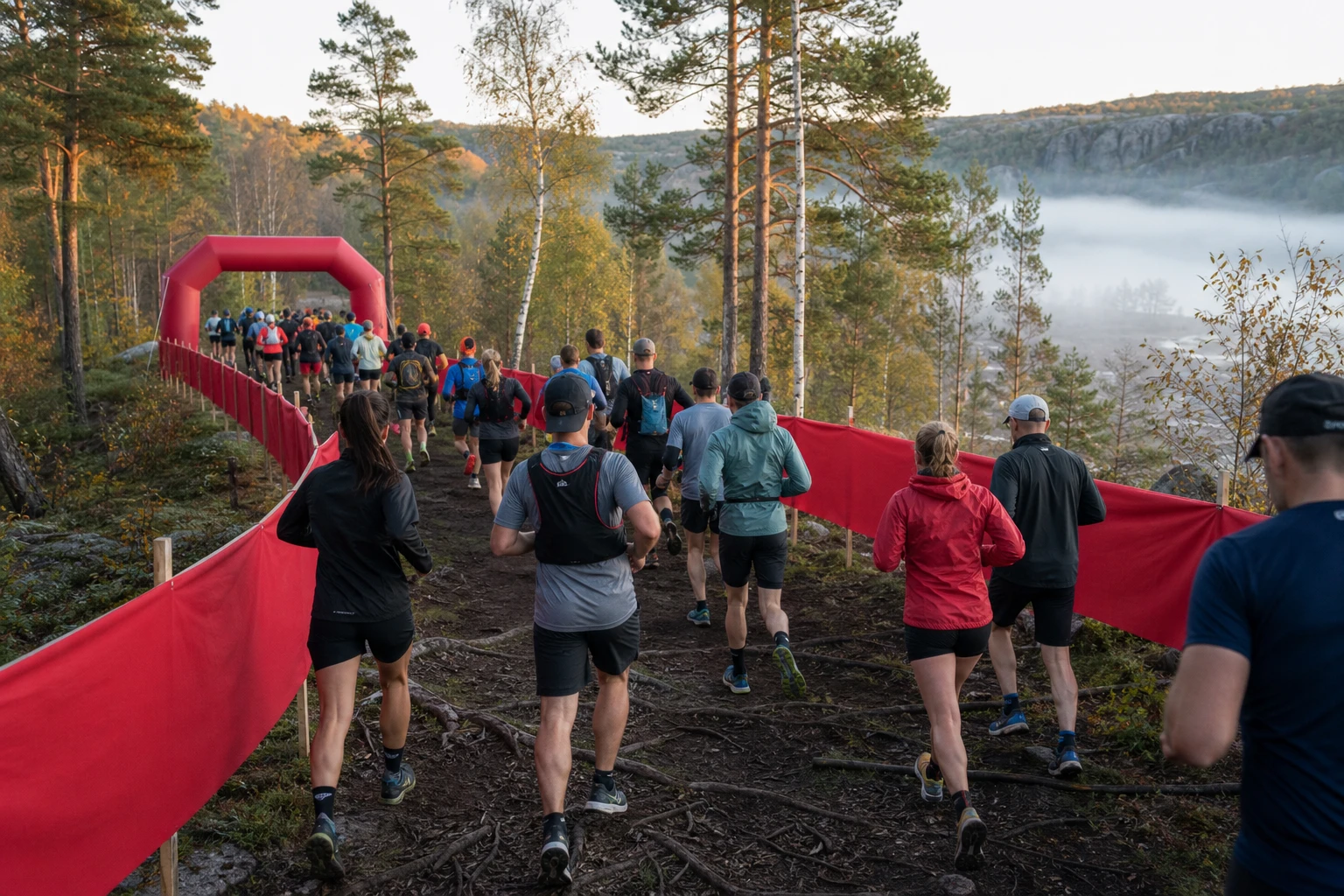 Löpare uppför en stig i barrskog