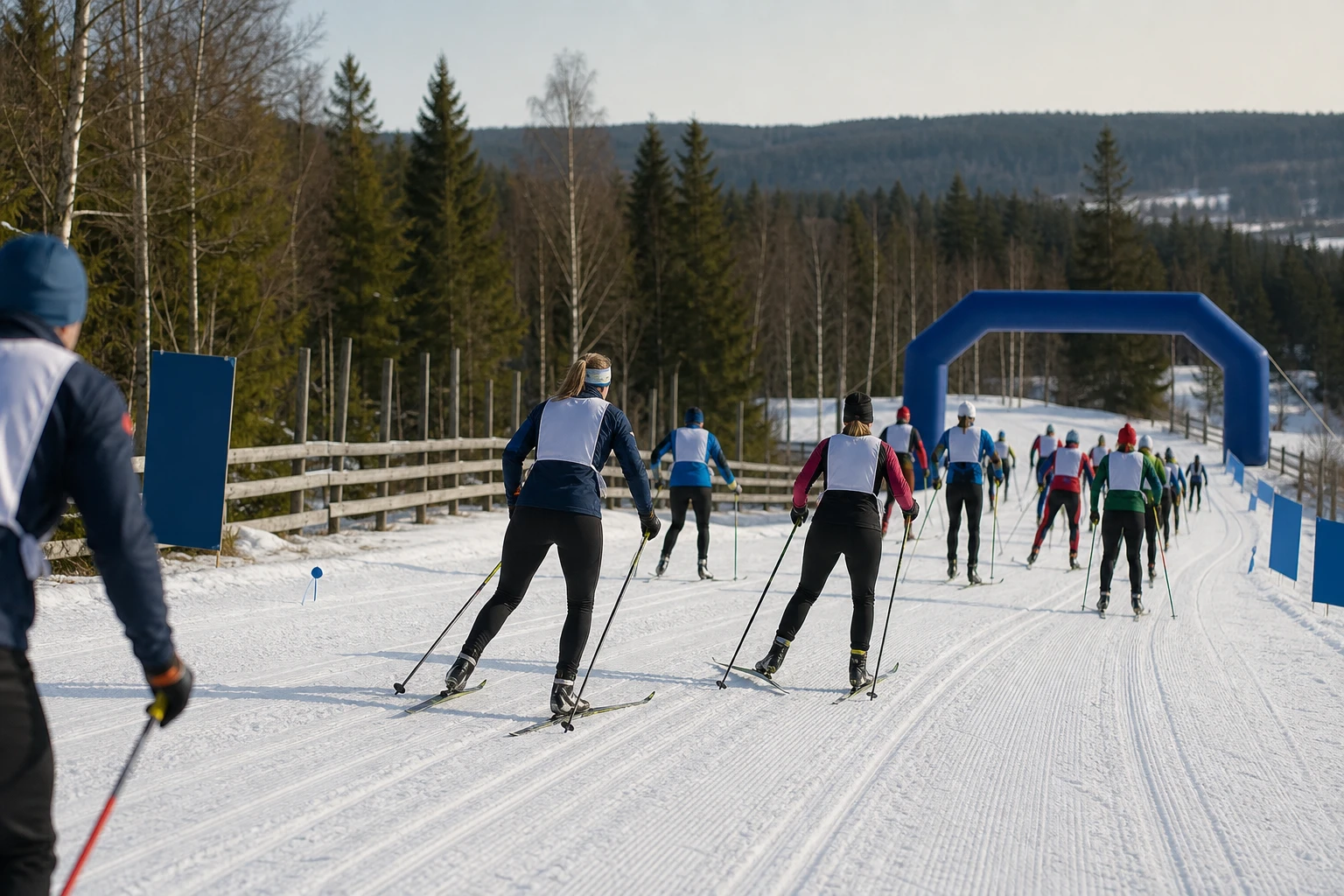 Längdskidåkare i klassiskt spår genom granskog